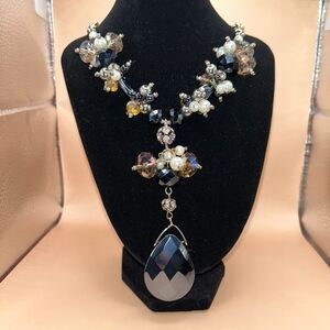 Unmarked Black Glass Pendant Tear Drop Statement Necklace